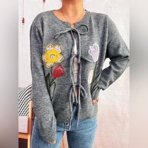 Floral Ribbed Hem Tie Front Cardigan 10010097398